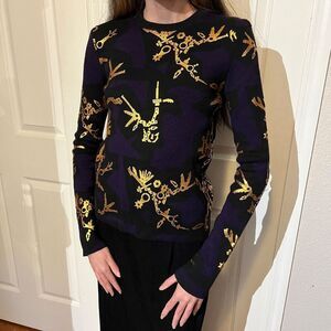 KENZO Paris Luxury Womens Baroque Wool Knit Applique Sweater Top XS